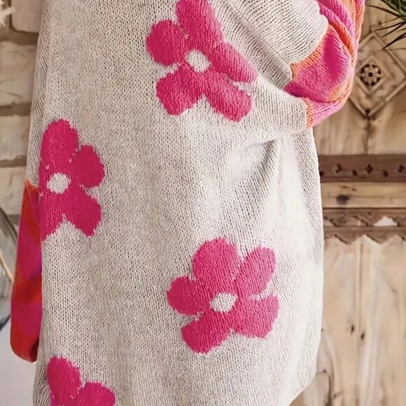 Multicolor Casual Women's Elegant Floral Print Knit Oversized V-Neck Cardigan - Picture 3 of 4